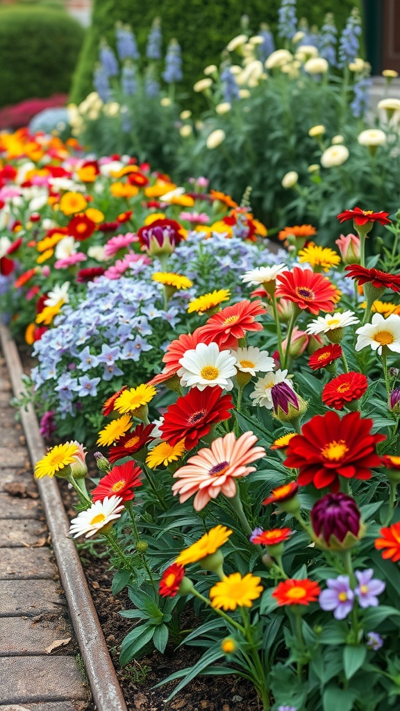 Colorful flower bed with red, yellow, and blue flowers blooming in a well-maintained garden