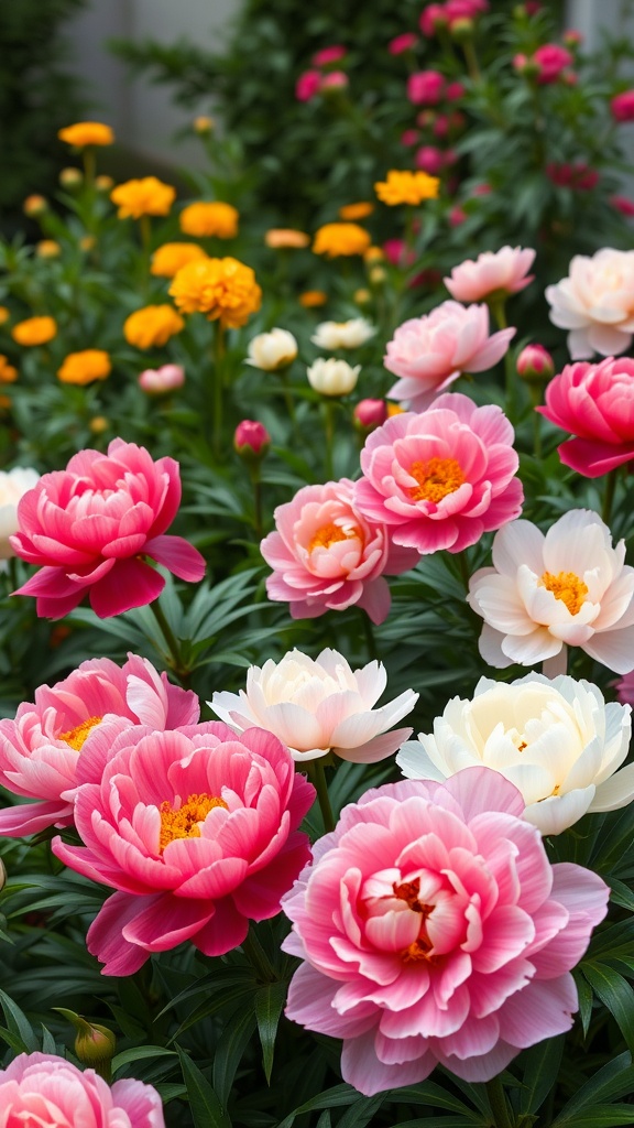 Peonies in a garden with vibrant colors