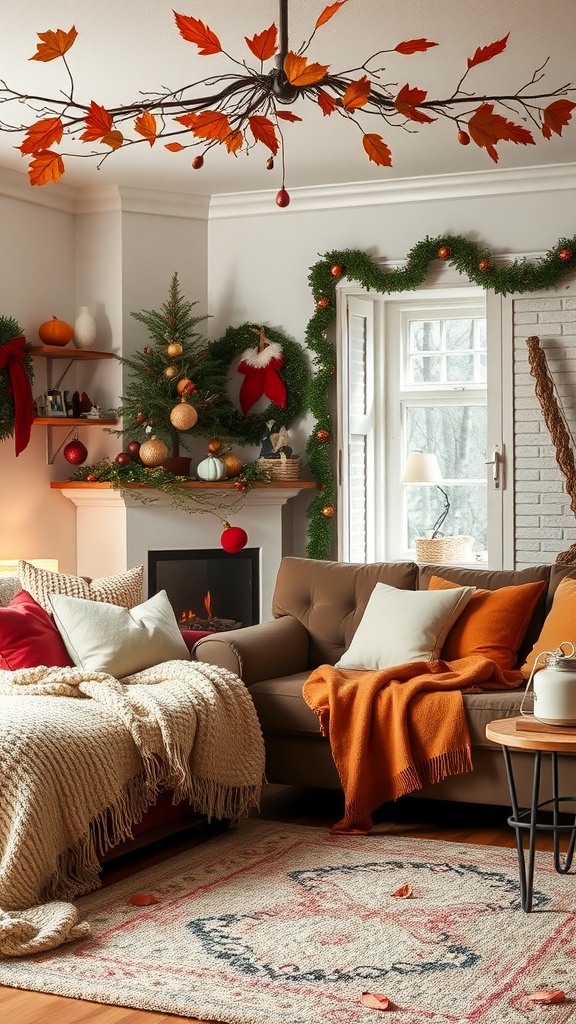 Cozy living room decorated for autumn with warm colors, a fireplace, and seasonal decor.