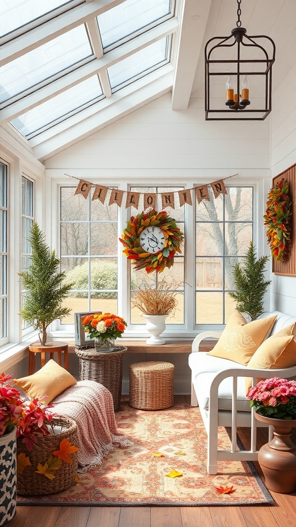 Farmhouse sunroom decorated for autumn with a wreath, seasonal flowers, and cozy textiles.