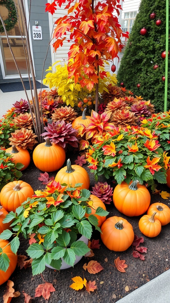 A colorful garden arrangement with orange pumpkins, vibrant foliage, and autumn leaves.