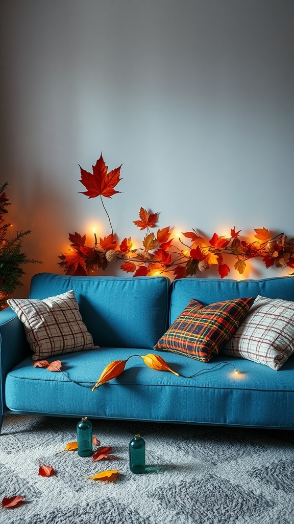 A blue couch decorated with autumn leaves and cozy pillows, set in a warm living room.