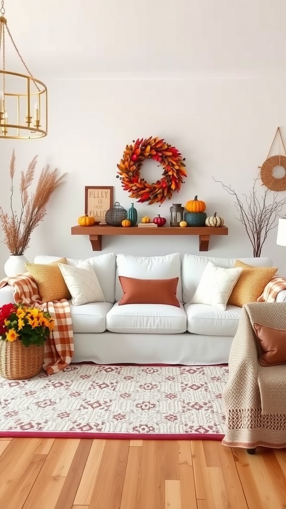 Cozy living room featuring a white couch decorated for fall with pumpkins and warm colors.