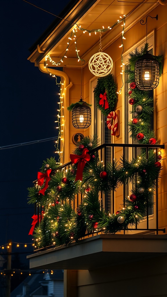 A decorated balcony for the holiday season with string lights, greenery, and ornaments.