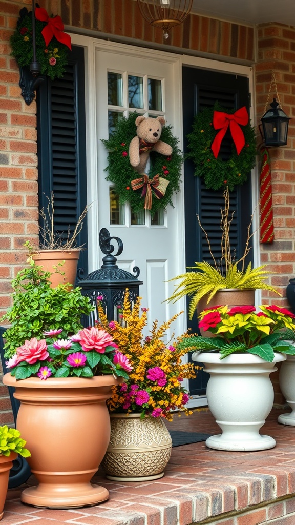 A front porch decorated with colorful flower pots and a teddy bear wreath.