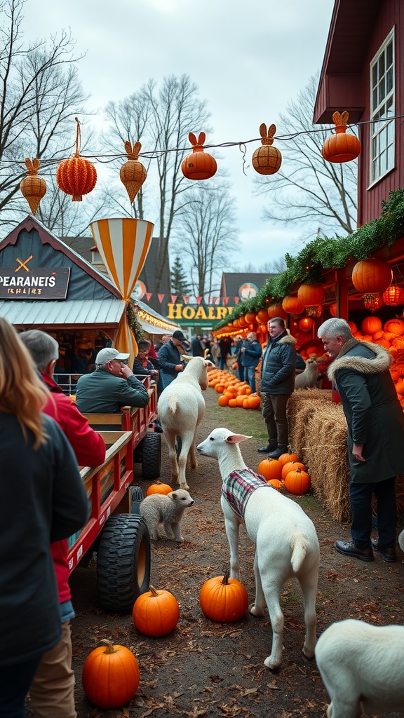 A bustling farm festival scene with pumpkins, people, and animals.