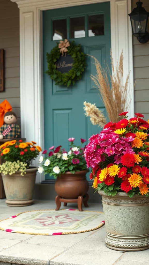 A welcoming front porch with colorful flower pots and a decorated door.