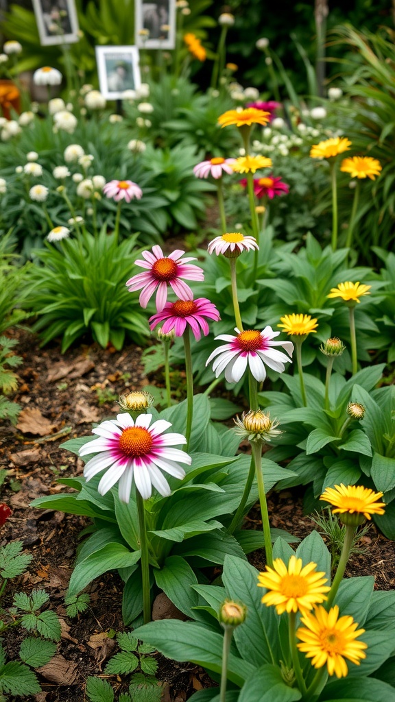 A vibrant garden with various colorful flowers blooming, showcasing seasonal planting.