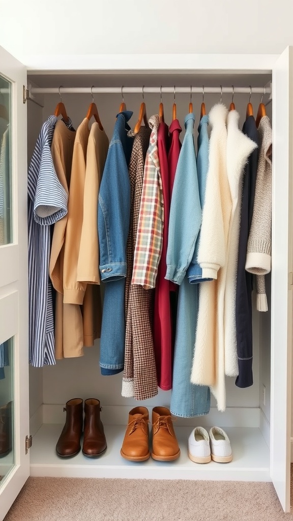 A neatly organized closet with various clothing items and shoes arranged for seasonal rotation.