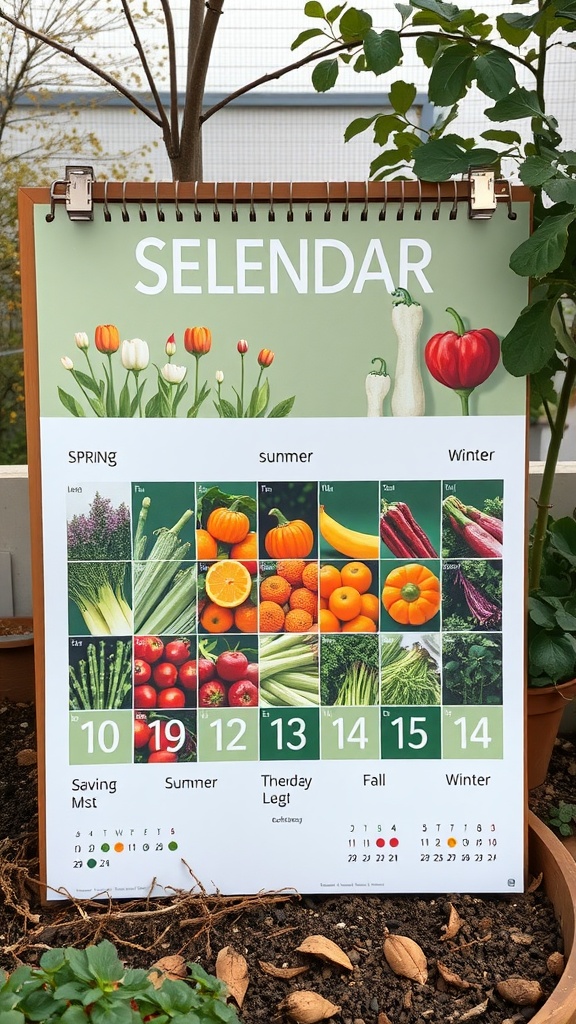 A garden calendar showing seasonal vegetable planting for spring, summer, fall, and winter.