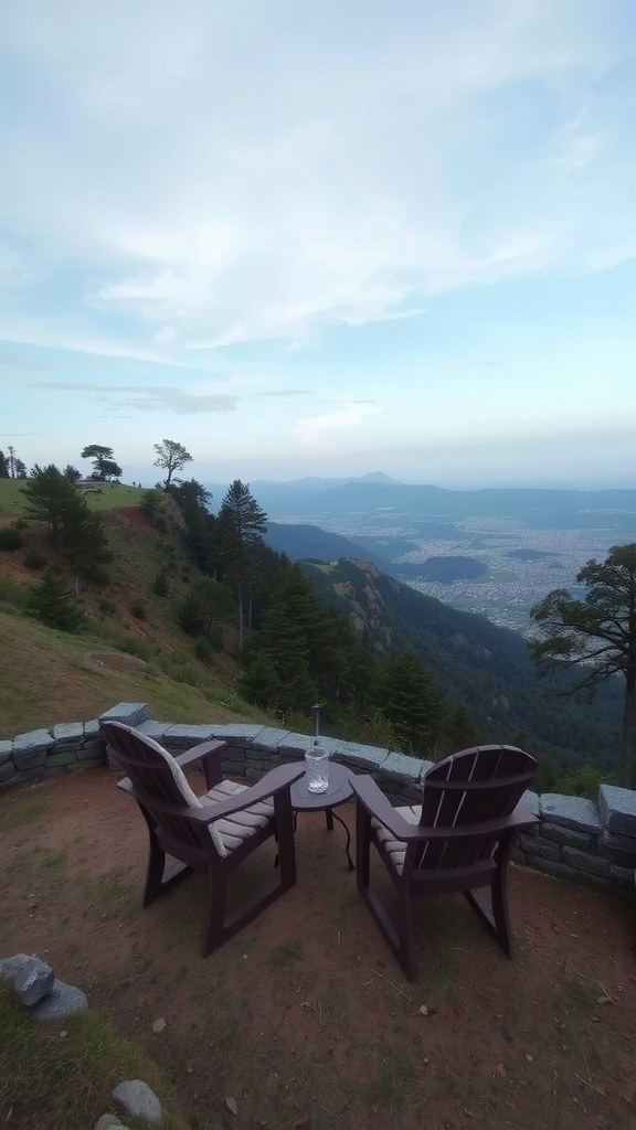 Cozy seating area with two chairs and a table on a hillside overlooking a scenic view.