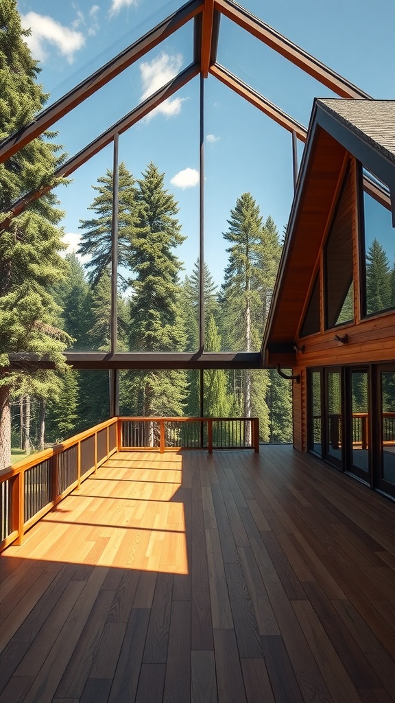 Interior of a modern lodge with large glass walls and wooden flooring surrounded by trees