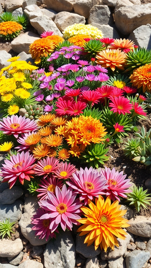 A colorful variety of sedum plants in bright shades of yellow, pink, and orange, surrounded by rocks.