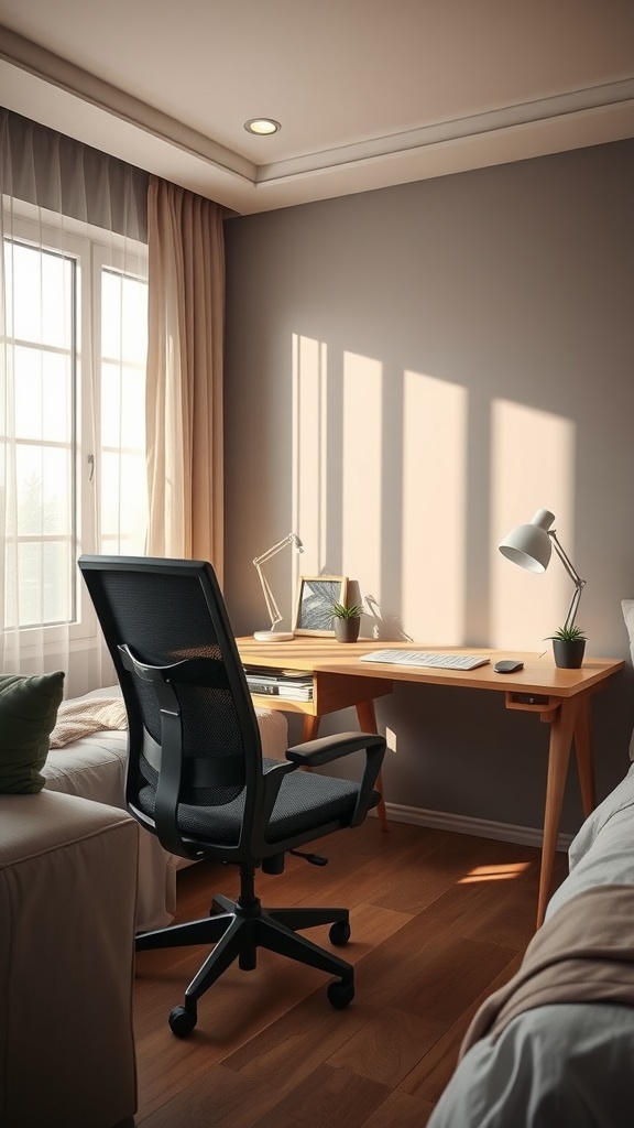 A cozy workspace with an ergonomic chair, wooden desk, and natural light from the window