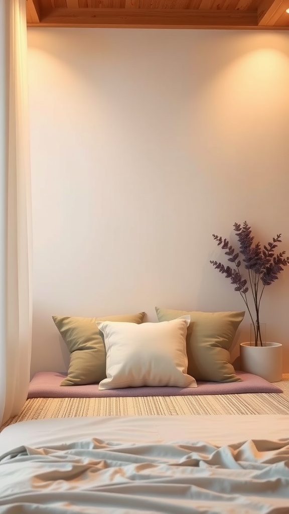 A serene bedroom nook with soft cushions and a plant, designed for meditation.