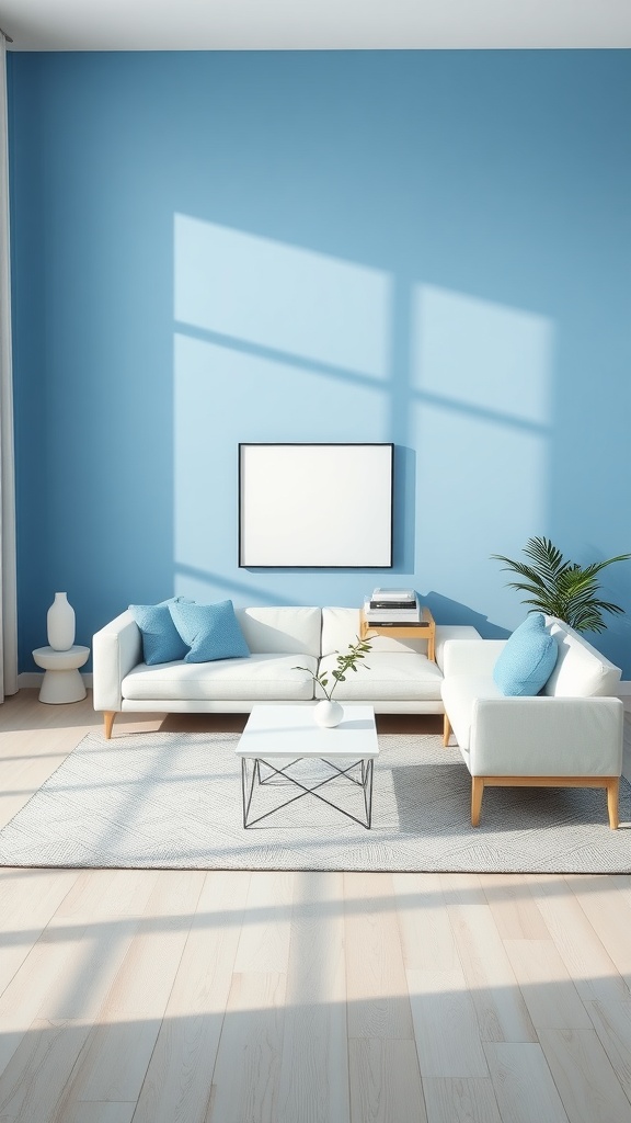 A serene minimalist living room featuring a blue wall, white furniture, and light wood flooring.