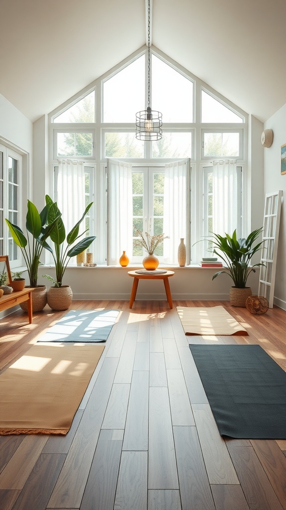 A serene sunroom with yoga mats, plants, and light streaming through large windows.