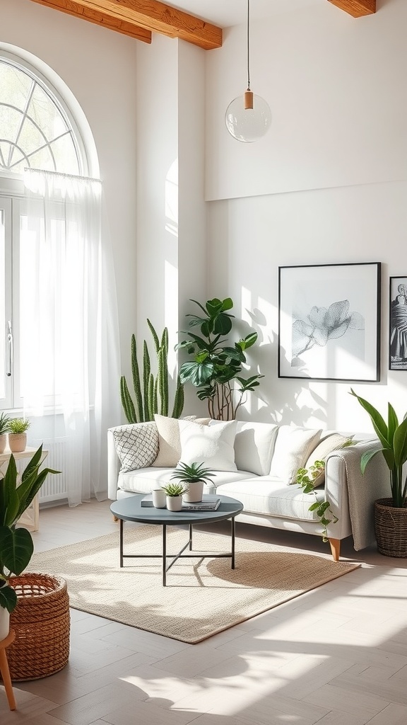 A serene living room with a white couch and plenty of greenery, featuring natural light and wooden beams.