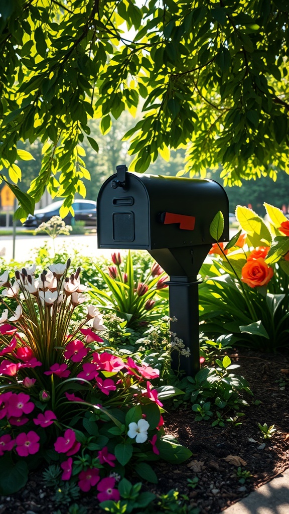 A black mailbox surrounded by colorful flowers in a shaded area