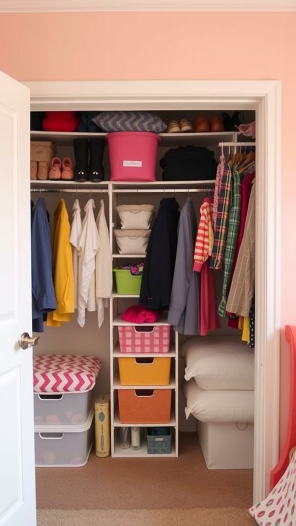 A well-organized closet shared by two sisters, featuring colorful storage bins, neatly hung clothes, and clear bins for accessories.