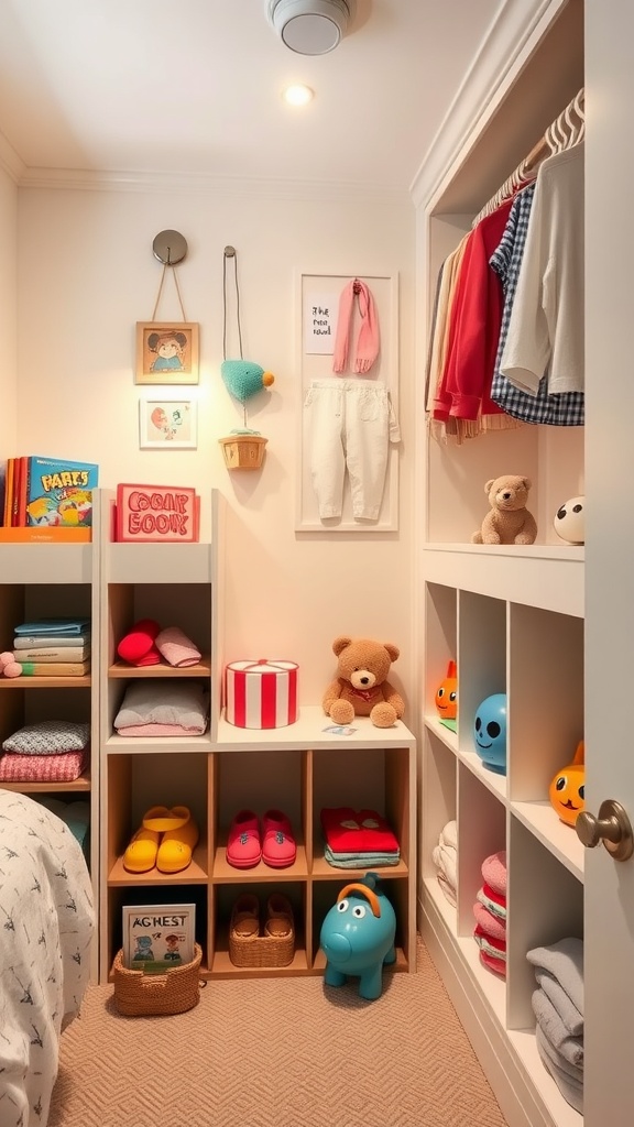 A well-organized small bedroom closet with colorful shelves filled with toys, books, and clothes.