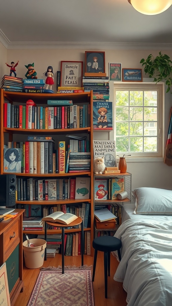 A cozy bedroom featuring a shelf filled with manga, collectibles, and framed artwork