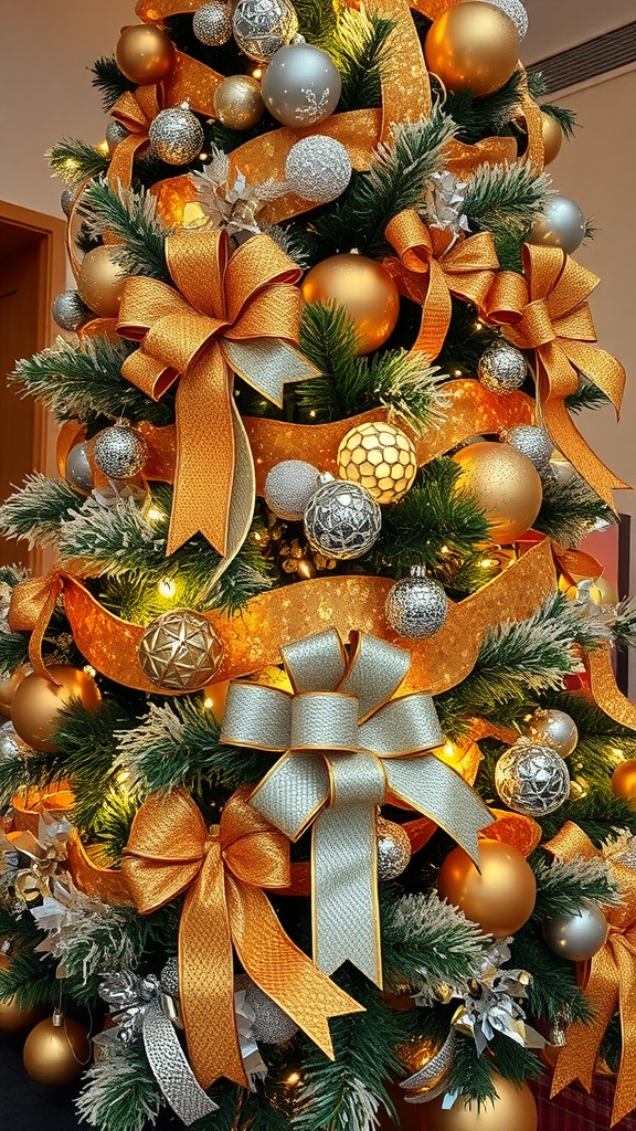 A Christmas tree decorated with shimmering metallic ribbons in gold and silver, adorned with ornaments and bows.