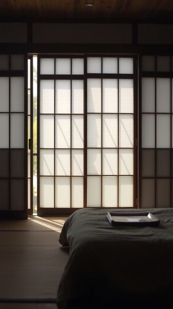 A serene bedroom featuring shoji screens that allow soft light to filter through while providing privacy.