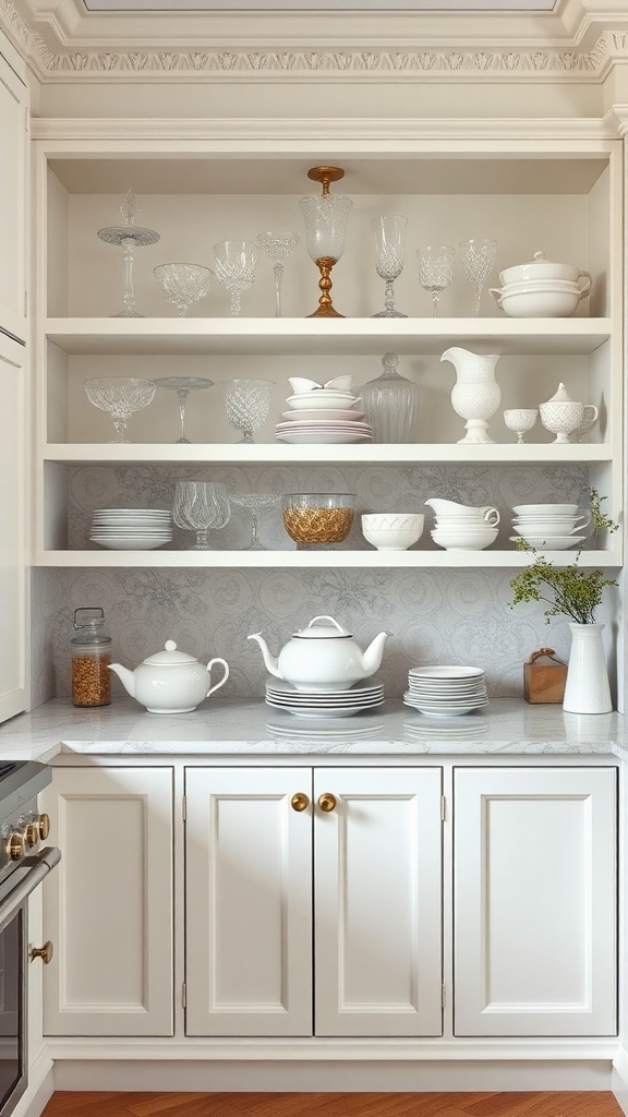 Open shelving displaying elegant glassware and fine china in a kitchen