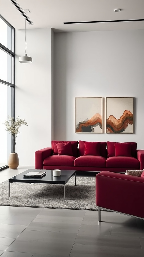 A modern living room featuring burgundy furniture, large windows, and contemporary artwork.