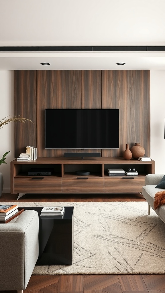 Sleek entertainment center with a mounted TV, wooden paneling, and stylish decor in a modern living room.