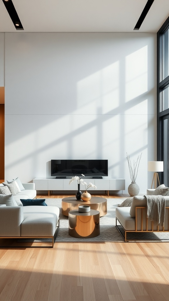 A modern living room featuring sleek furniture with large windows and natural light.