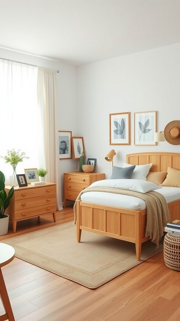 A preppy styled bedroom featuring sleek wooden furniture, soft bedding, and natural decor.