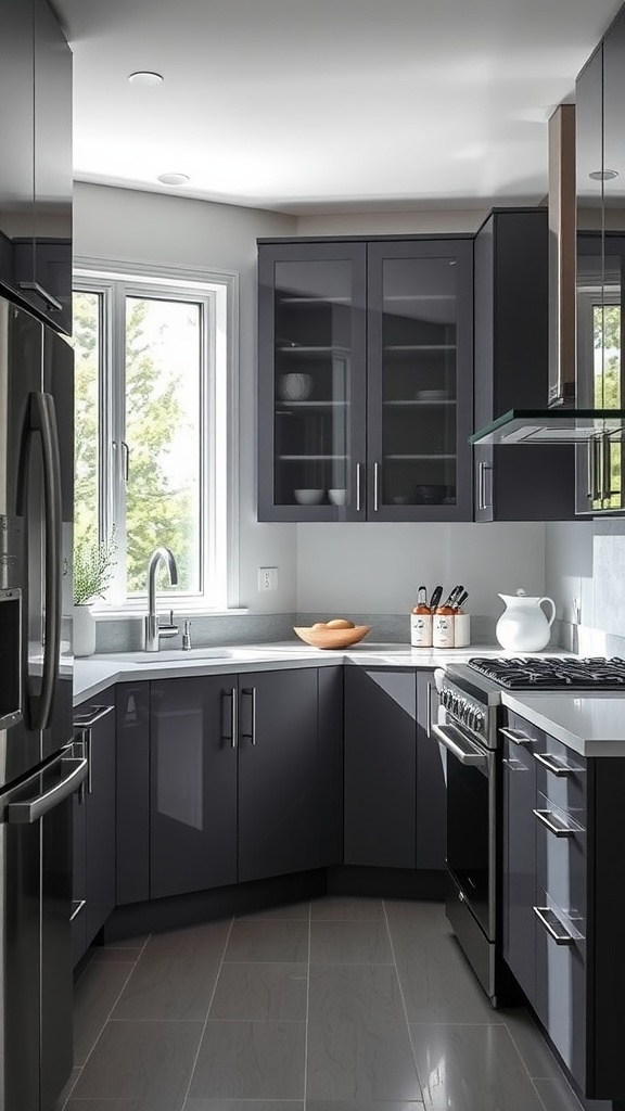 Modern kitchen with sleek high-gloss cabinets featuring glass fronts and a minimalist design