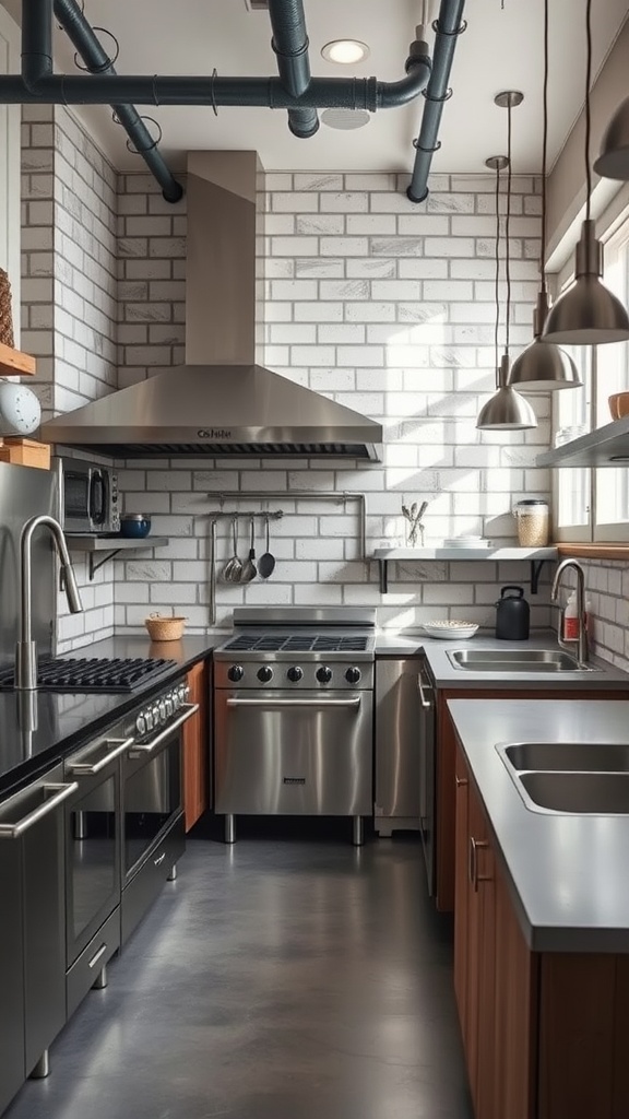 A modern kitchen with industrial design elements, featuring stainless steel appliances, exposed brick walls, and pendant lighting.