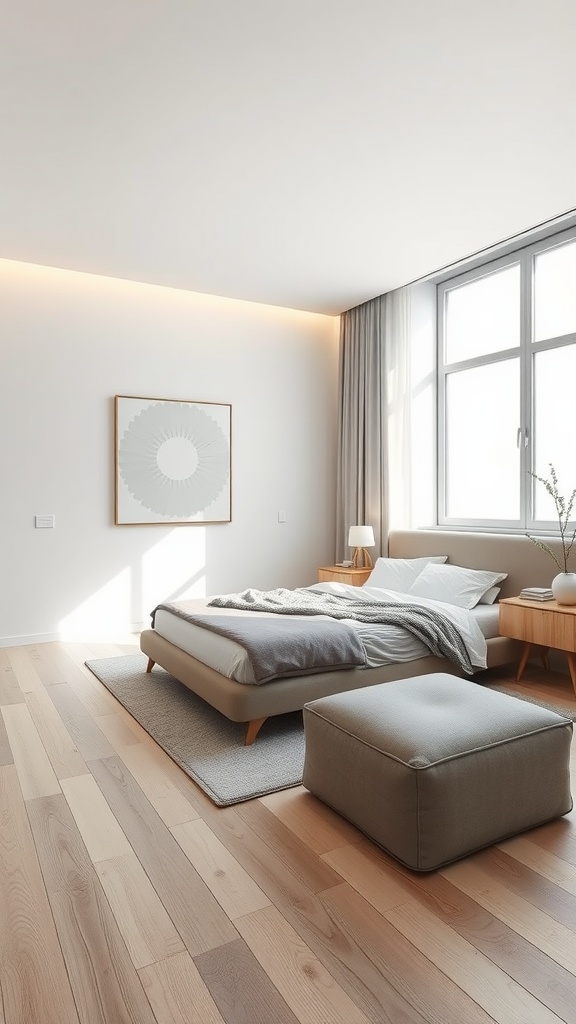 A sleek minimalist luxury bedroom with large windows, light wood flooring, and simple furniture.