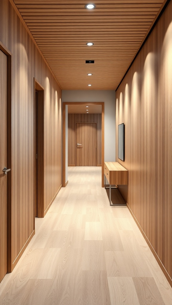 A modern hallway featuring sleek minimalist wood panels on the walls and ceiling, with recessed lighting.