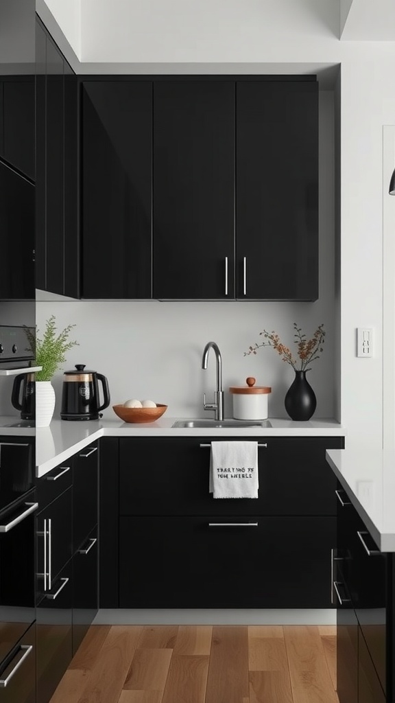 Sleek modern kitchen featuring black cabinets with stainless steel handles, a white countertop, and minimal decor.