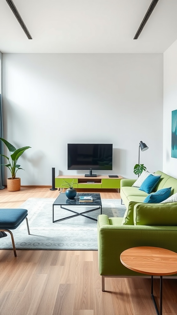 A modern living room featuring a green sofa, black coffee table, and vibrant decor elements.