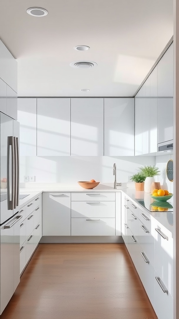 Modern minimalist kitchen with white cabinets and natural light