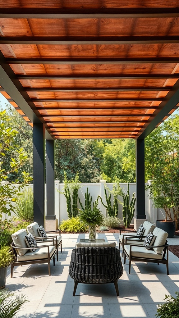 A modern pergola design with wooden beams and stylish seating arrangements in a lush garden setting.