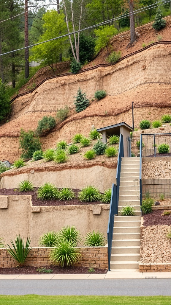 A landscaped steep hill with terraced gardens and a staircase for access.