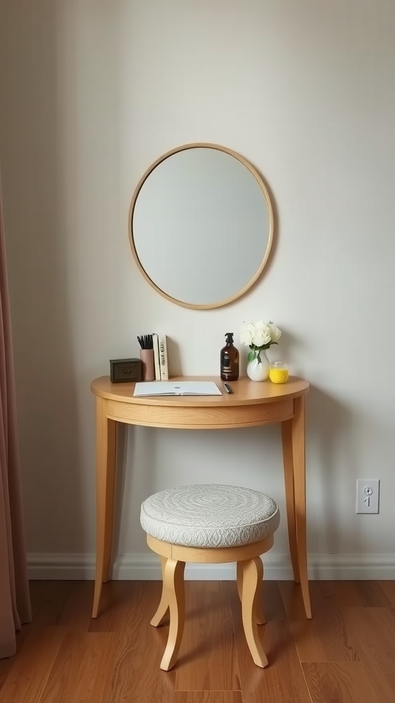 A small round vanity table with a mirror, surrounded by soft decor elements