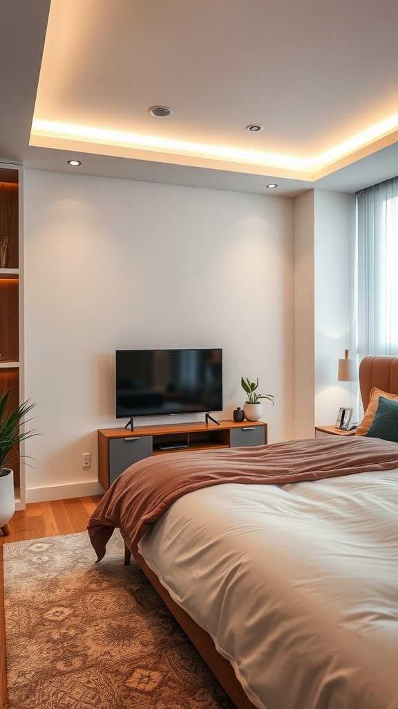 Modern luxury bedroom with smart home features including a TV and stylish decor