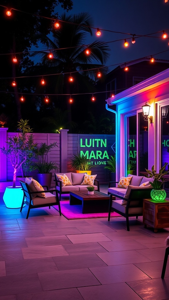 A cozy outdoor seating area illuminated with smart LED lighting, featuring string lights and colorful accents.