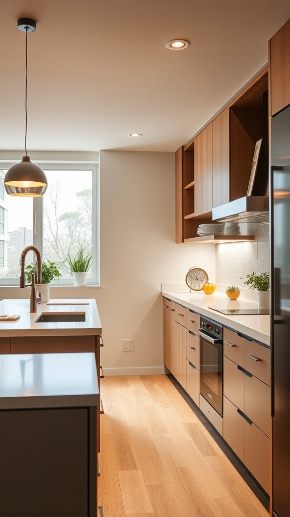 A modern kitchen featuring smart lighting solutions, including recessed lights and a pendant lamp, with wooden cabinetry and plants.