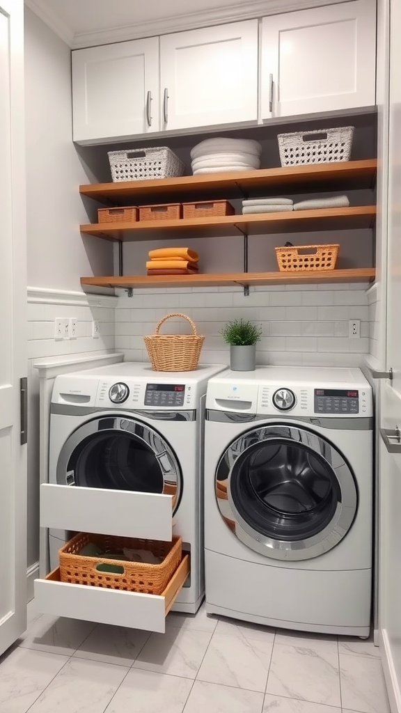 A small laundry room featuring stacked washer and dryer with storage solutions including pull-out drawers and open shelves.