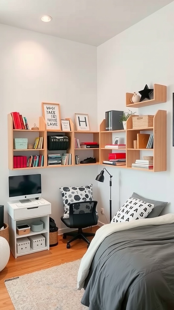 Cozy small bedroom featuring vertical shelves, a computer desk, and a compact chair.