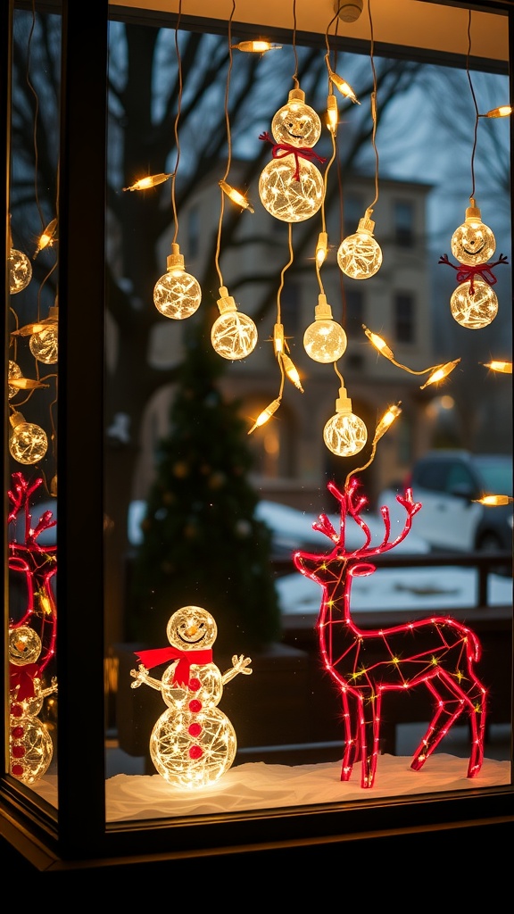 Window display featuring snowman and reindeer light shapes