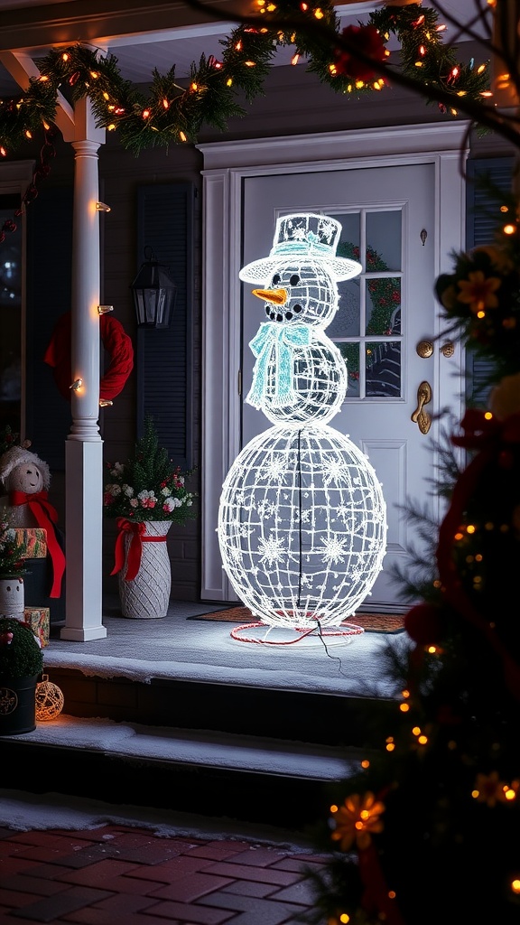 A glowing snowman light display on a front porch, surrounded by Christmas decorations.